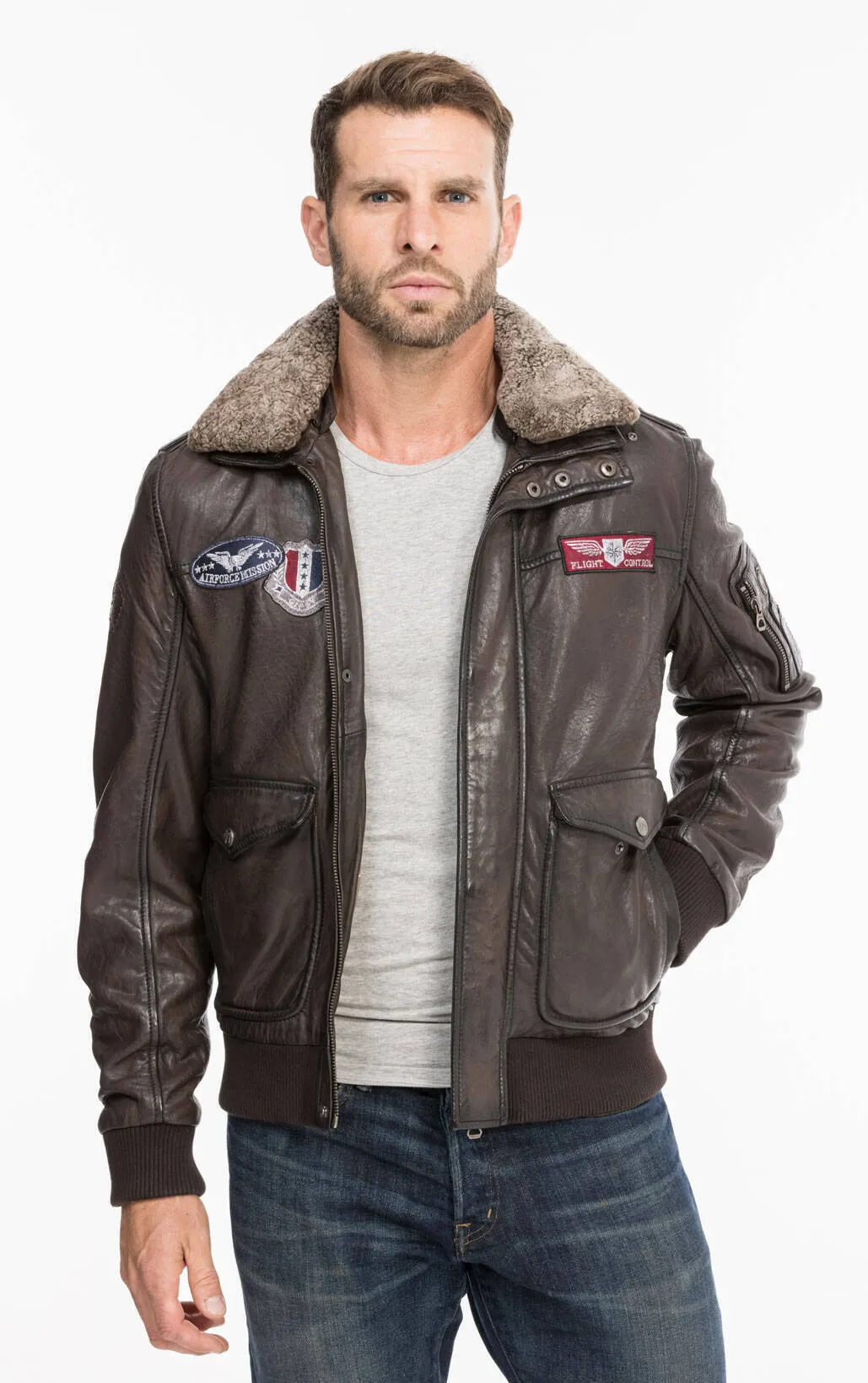 Dark brown men's leather jacket aviator style 13555