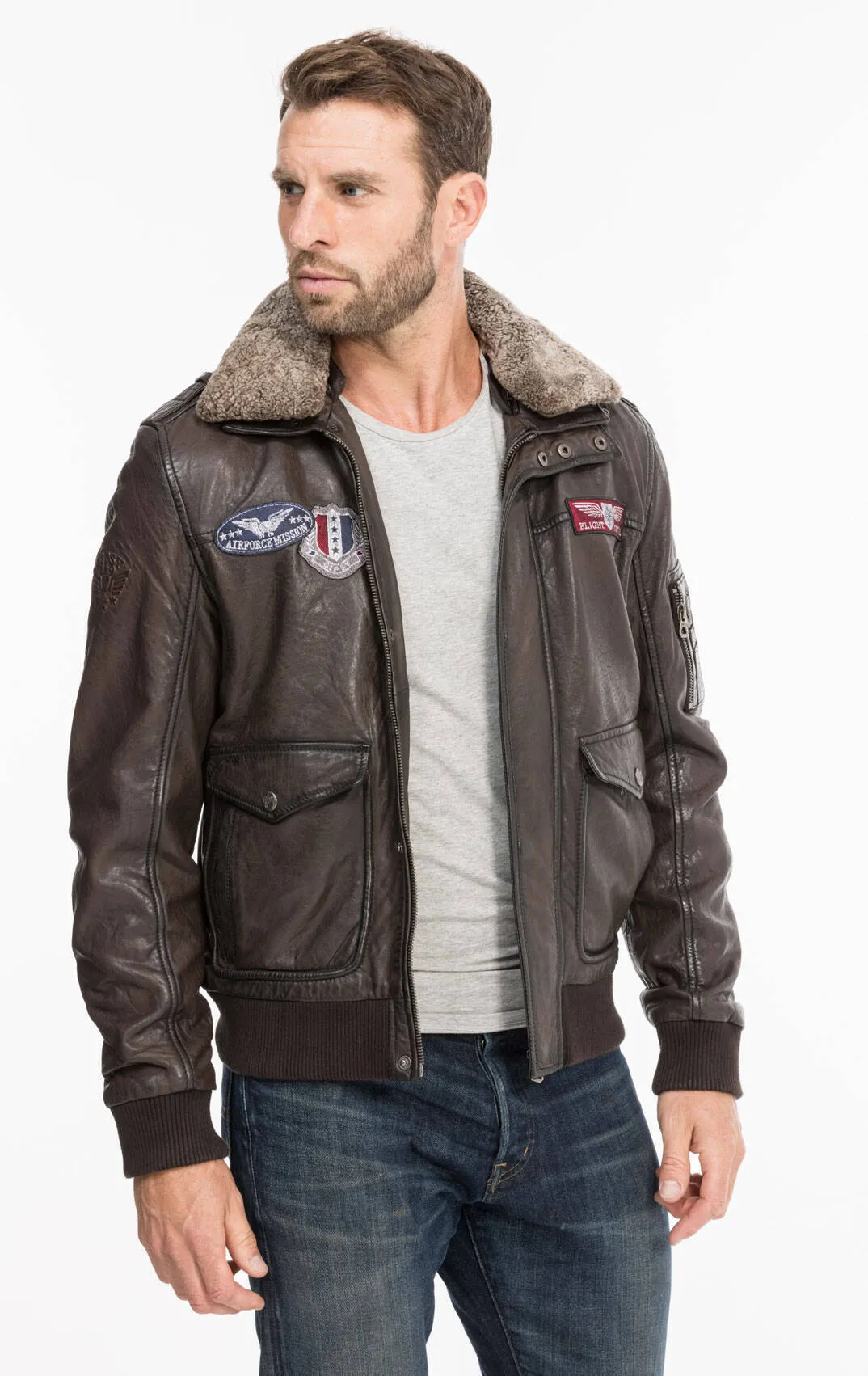 Dark brown men's leather jacket aviator style 13555