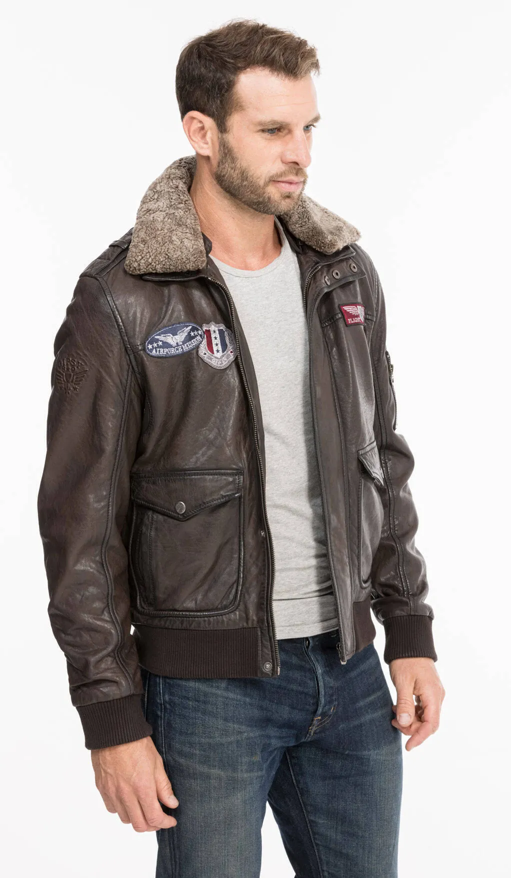 Dark brown men's leather jacket aviator style 13555