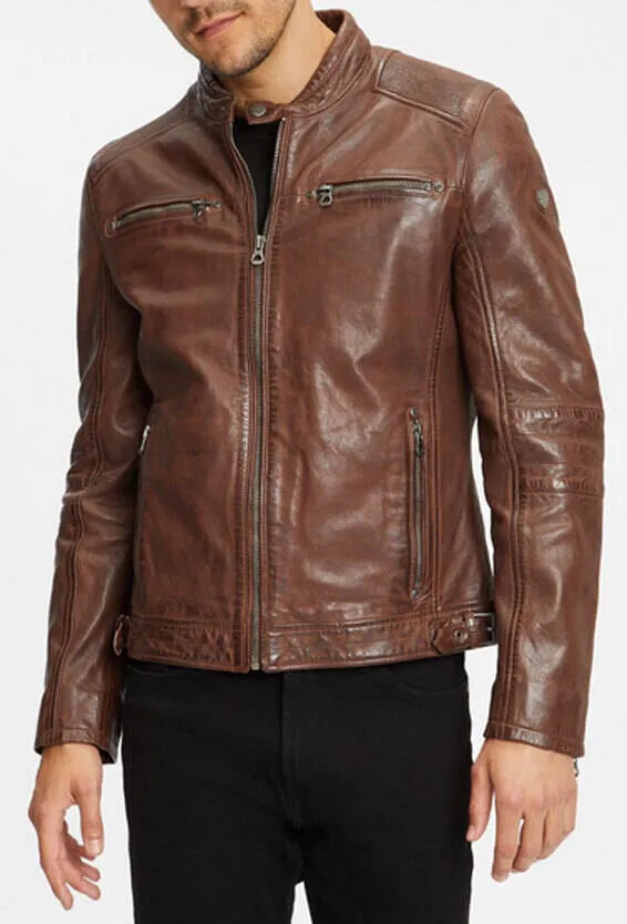 Dark cognac men's leather jacket rian motorcycle style