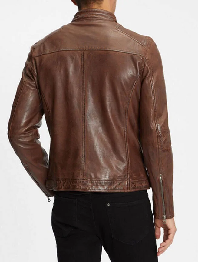 Dark cognac men's leather jacket rian motorcycle style