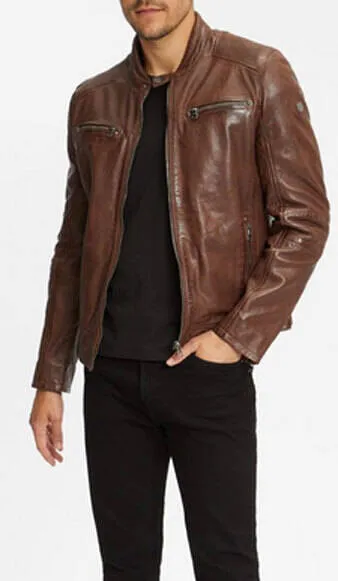 Dark cognac men's leather jacket rian motorcycle style