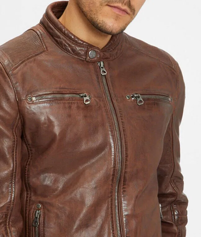 Dark cognac men's leather jacket rian motorcycle style