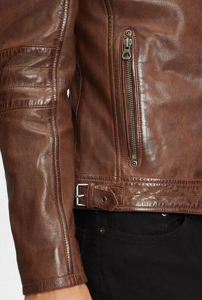 Dark cognac men's leather jacket rian motorcycle style