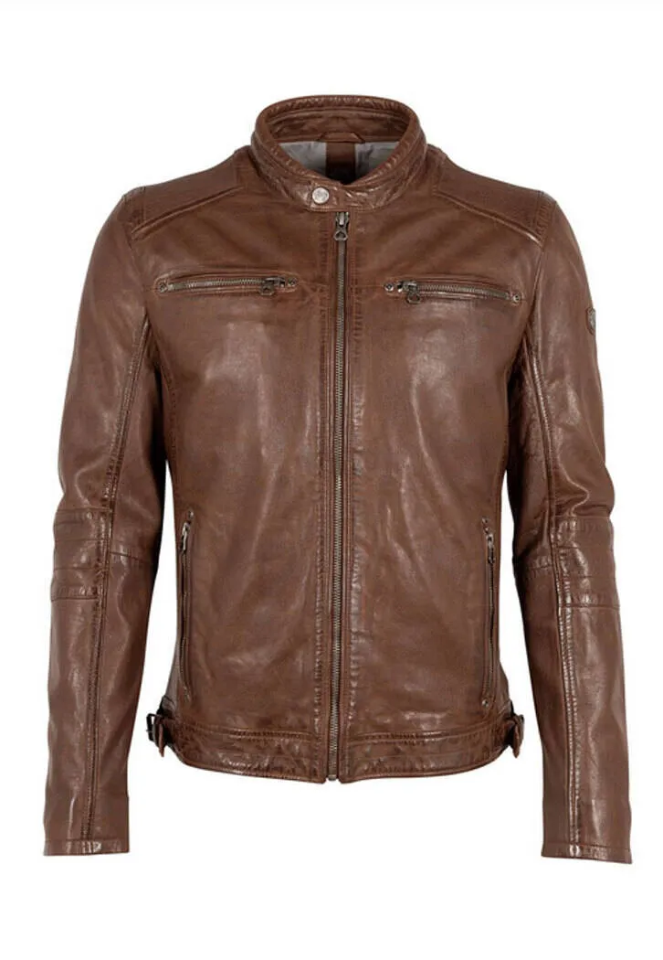 Dark cognac men's leather jacket rian motorcycle style