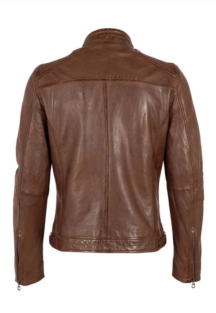 Dark cognac men's leather jacket rian motorcycle style