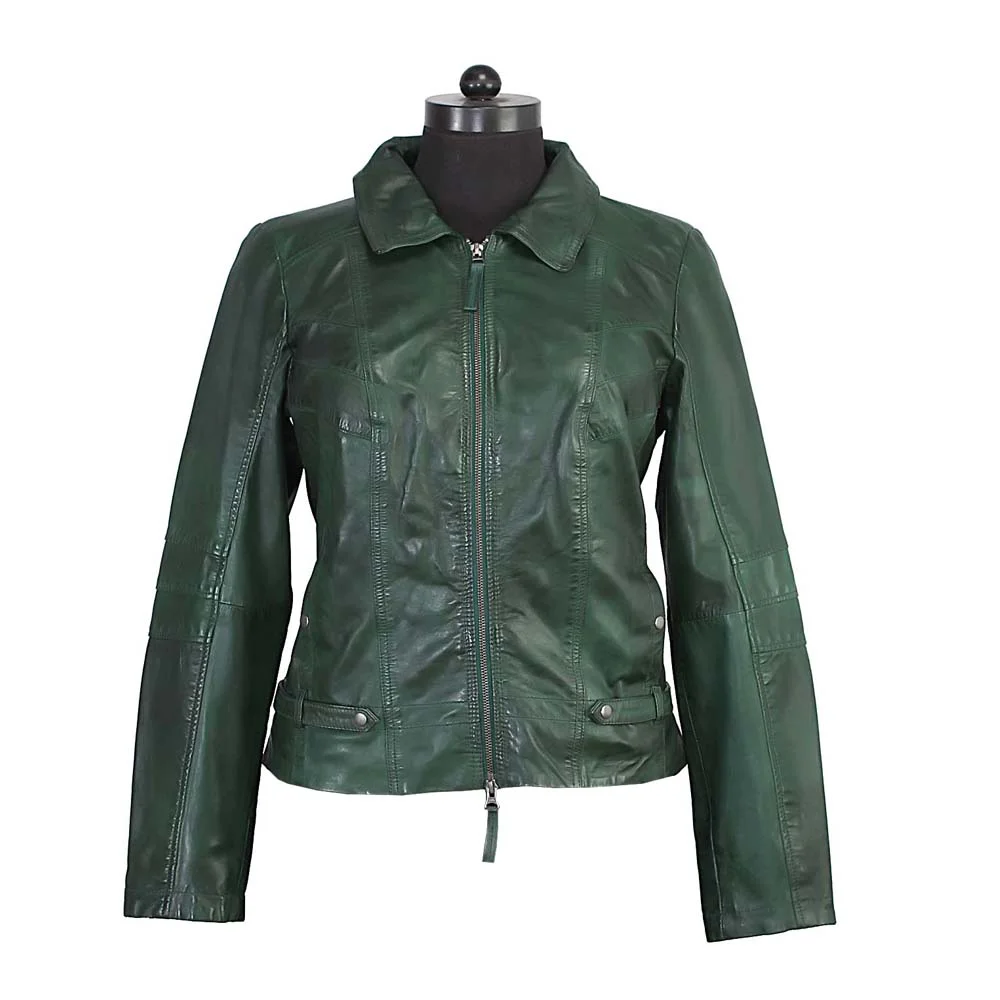 Dark green leather jacket for women(sheep,goat,buffalo leather)