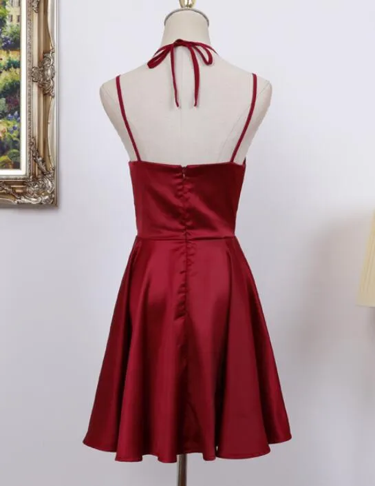 Dark Red Halter Satin Homecoming Dress, Burgundy Homecoming Dress, Pretty Formal Dress