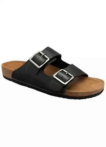 Dunlop Nikhil Double Strap Black Leather Footbed Sandals | Grattan