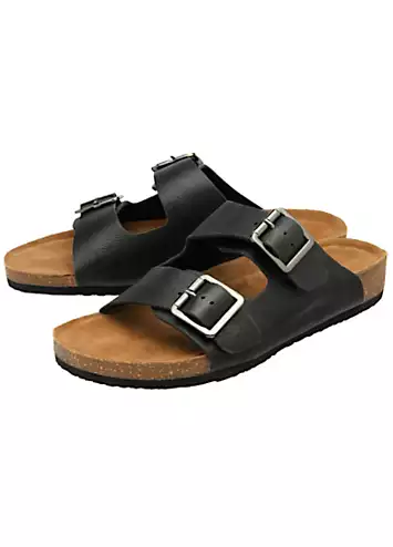 Dunlop Nikhil Double Strap Black Leather Footbed Sandals | Grattan