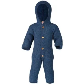 Engel Baby 100% Merino Wool Fleece Hooded Suit with Wooden Buttons - Blue Melange