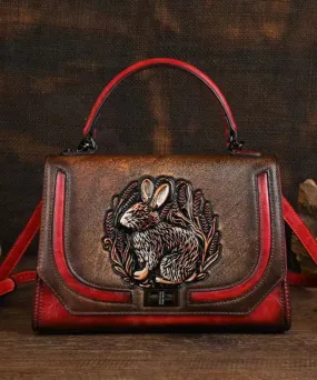 Ethnic Style Red Handmade Rabbit Embossed Handbag