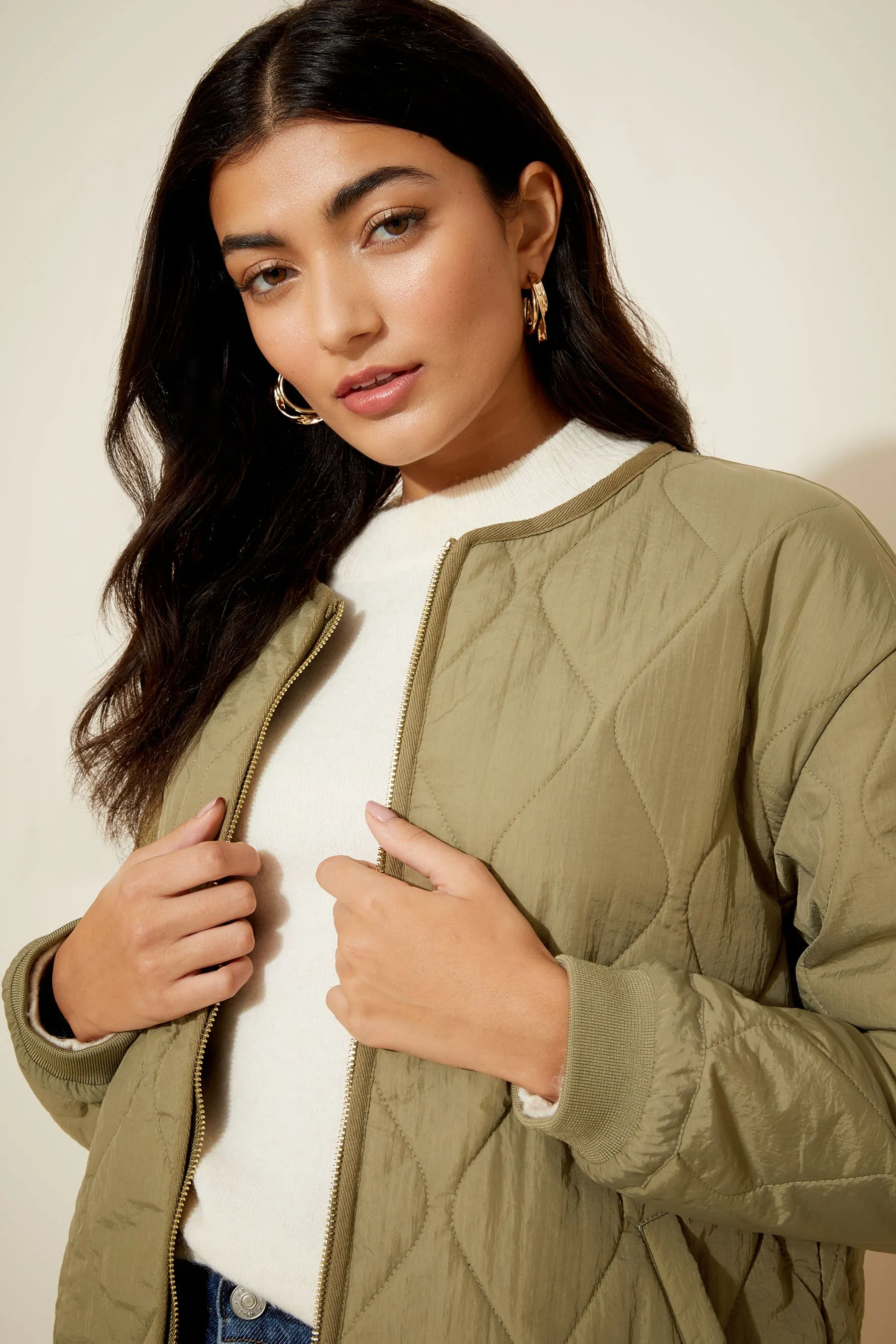 Friends Like These Khaki Green Quilted Zip Up Jacket