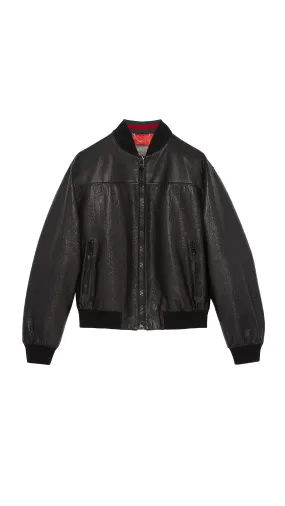 GG Embossed Leather Bomber Jacket - Black