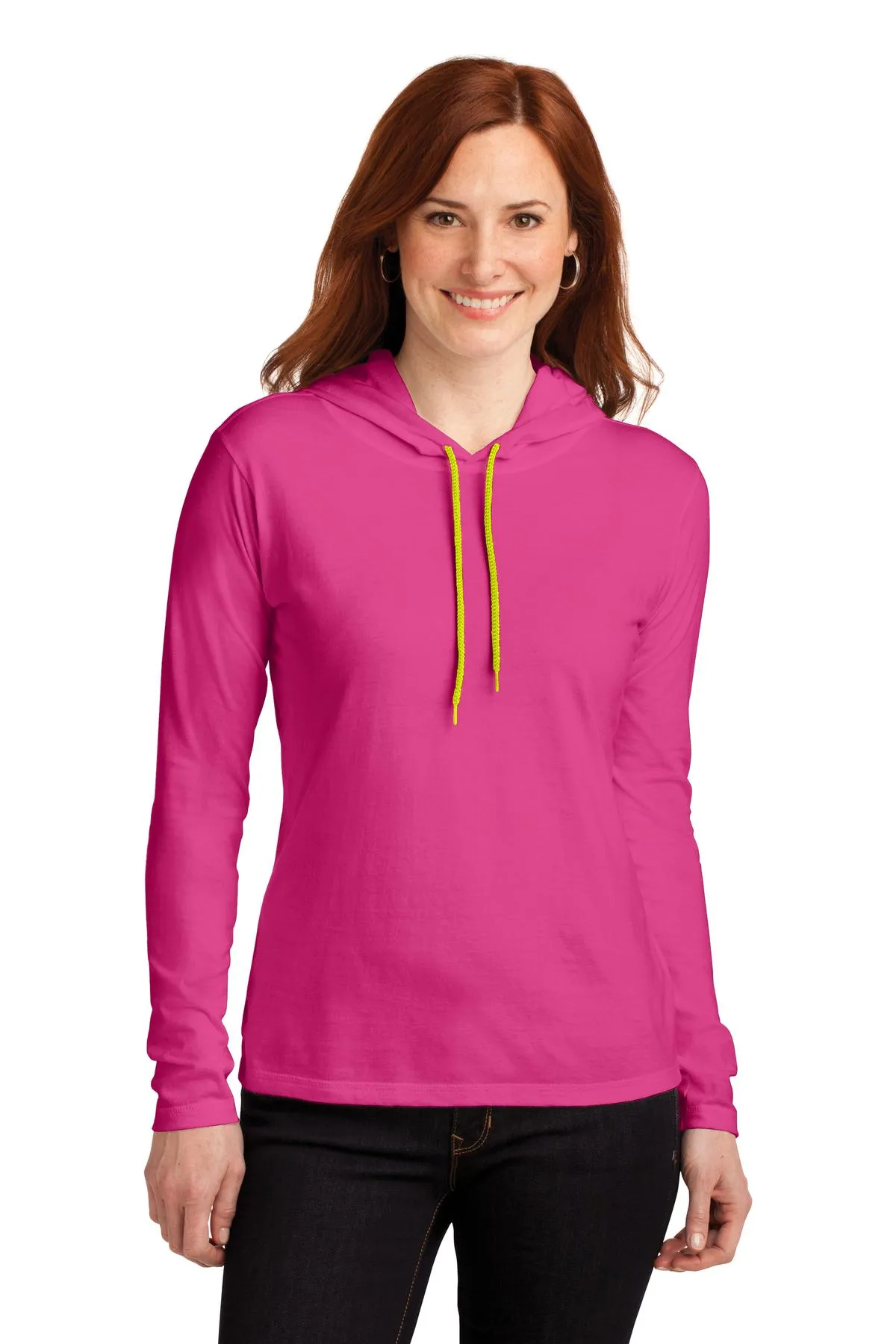 Gildan Ladies 100% Combed Ring Spun Cotton Long Sleeve Hooded T-Shirt. 887L