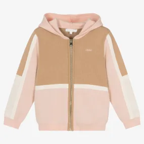 Girls Beige & Pink Cotton Hooded Zip-Up Top