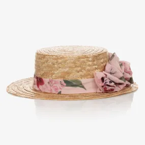 Girls Beige & Pink Straw Hat