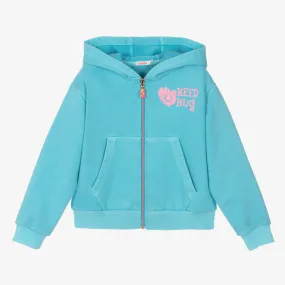 Girls Blue Cotton Hooded Zip-Up Top