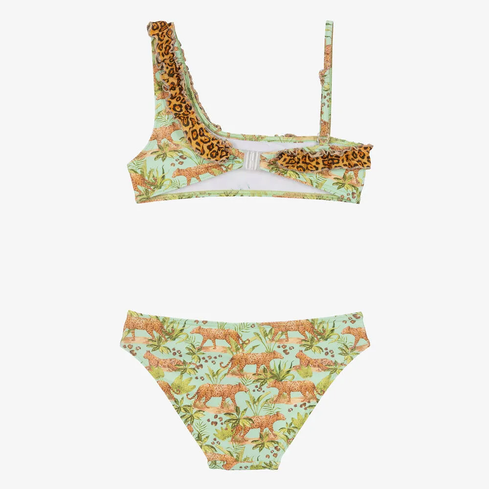 Girls Green & Beige Leopard Bikini