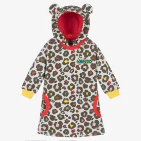 Girls Grey Cotton Animal Print Hooded Dress