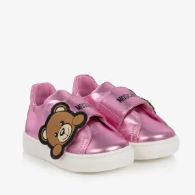 Girls Metallic Pink Leather Teddy Bear Trainers