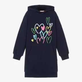 Girls Navy Blue Cotton Hooded Dress