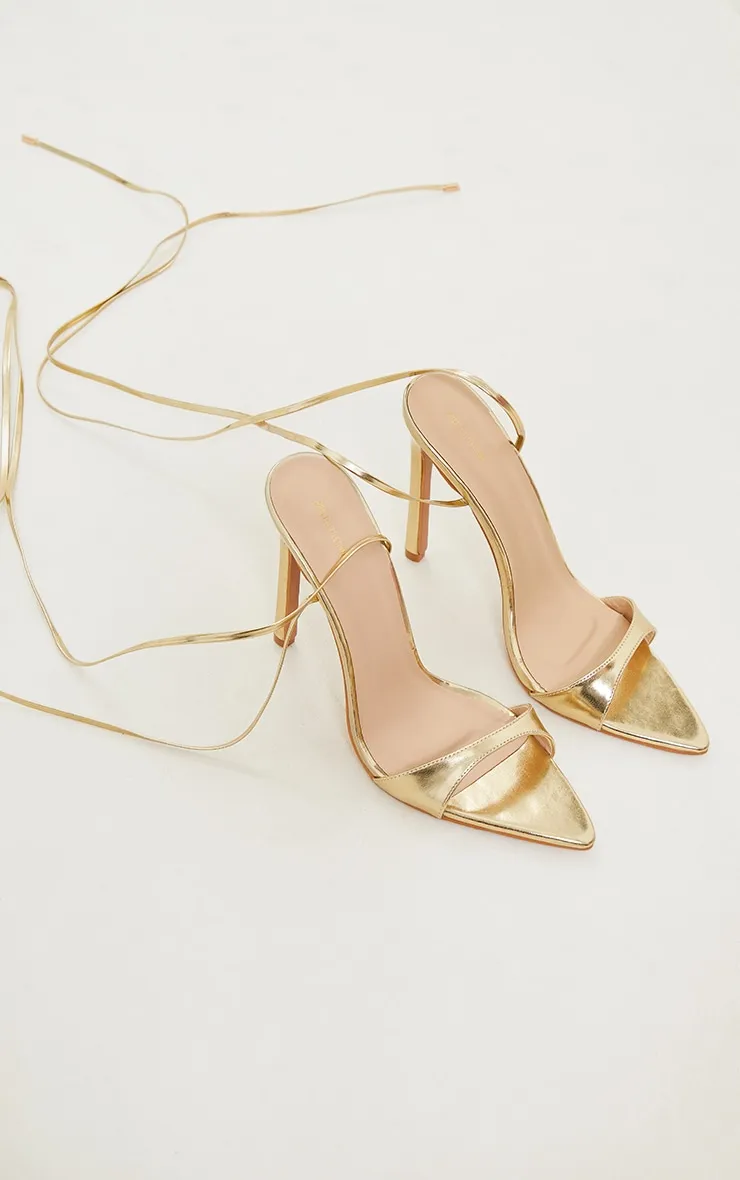 Gold Pu Point Toe Lace Up High Heeled Sandals