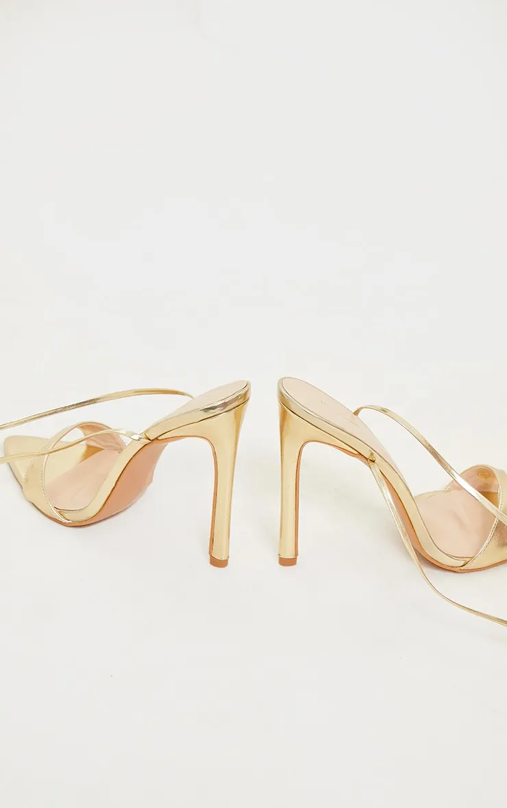 Gold Pu Point Toe Lace Up High Heeled Sandals