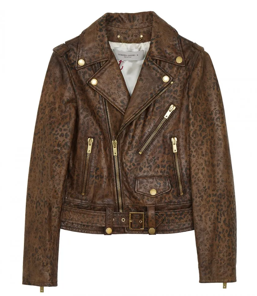 GOLDEN GOOSE DISTRESSED-TREATMENT LEATHER BIKER JACKET WITH ANIMAL PRINT