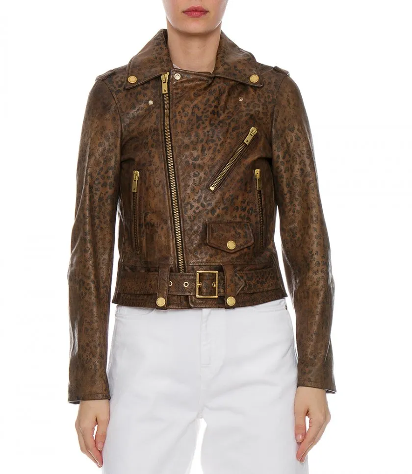 GOLDEN GOOSE DISTRESSED-TREATMENT LEATHER BIKER JACKET WITH ANIMAL PRINT