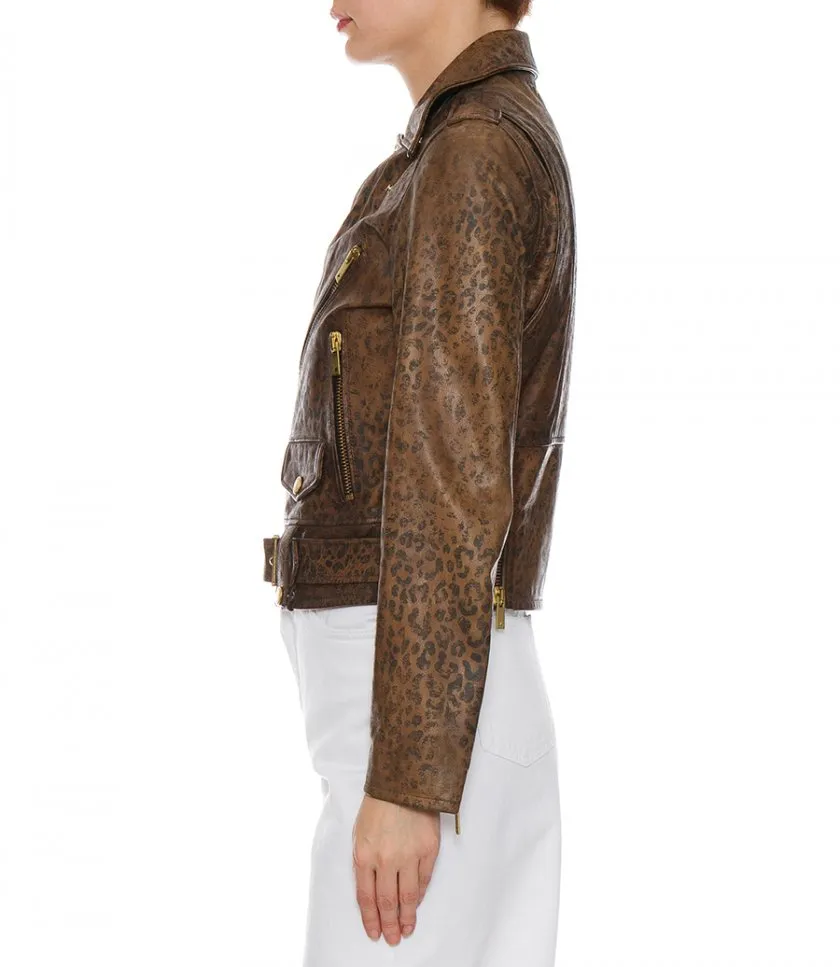 GOLDEN GOOSE DISTRESSED-TREATMENT LEATHER BIKER JACKET WITH ANIMAL PRINT