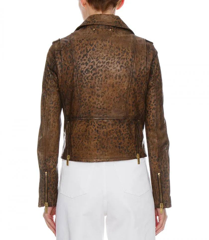 GOLDEN GOOSE DISTRESSED-TREATMENT LEATHER BIKER JACKET WITH ANIMAL PRINT