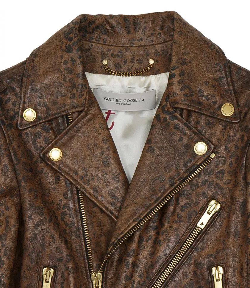 GOLDEN GOOSE DISTRESSED-TREATMENT LEATHER BIKER JACKET WITH ANIMAL PRINT