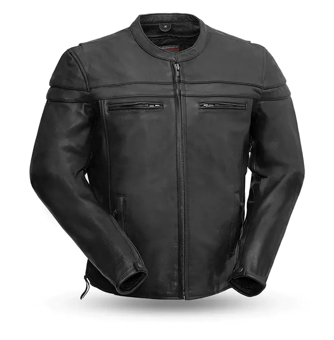 Gothic Men's -style Cowhide Leather Biker Jacket With Black Side Relief Zippers