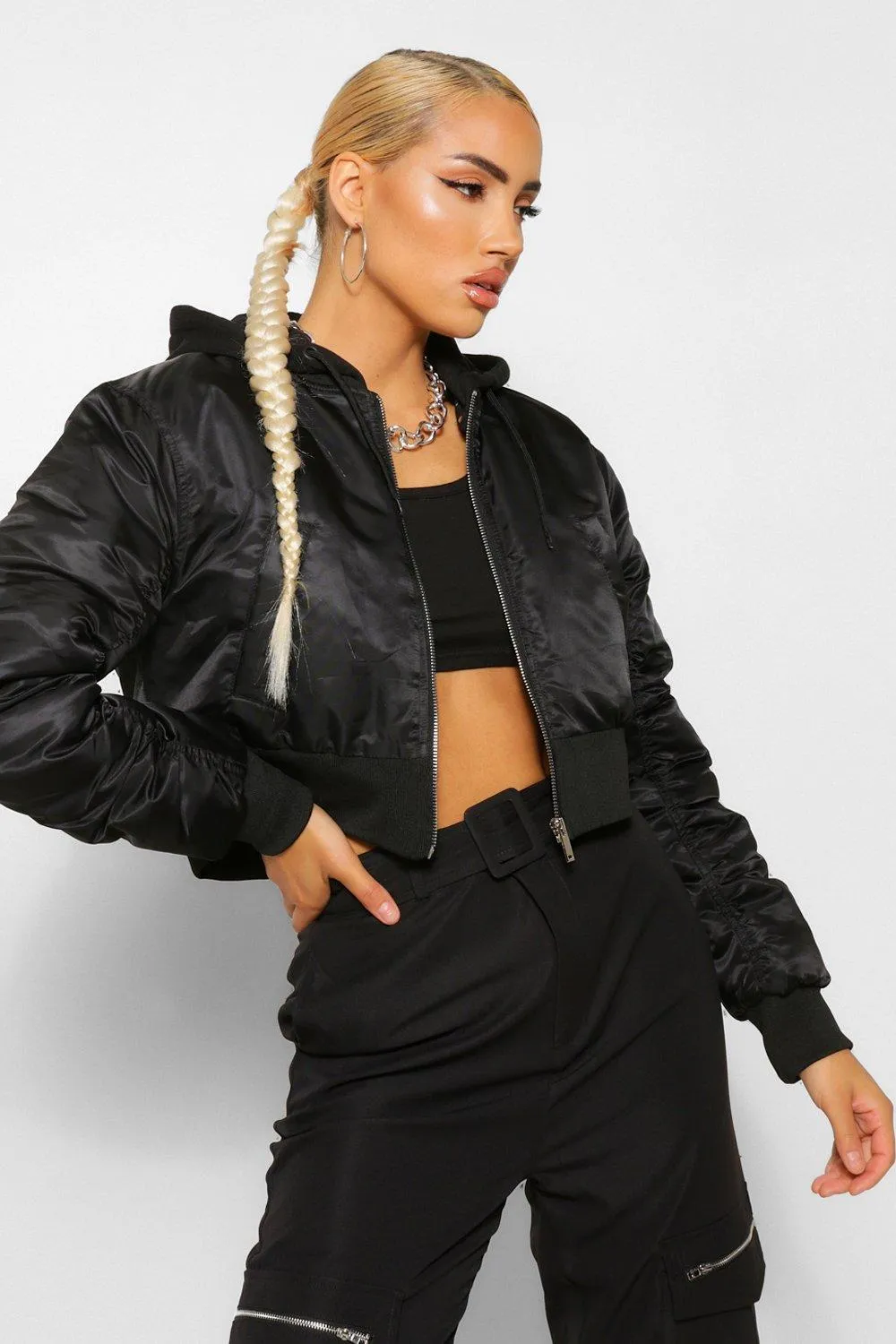 Jersey Knit Hooded Crop Bomber