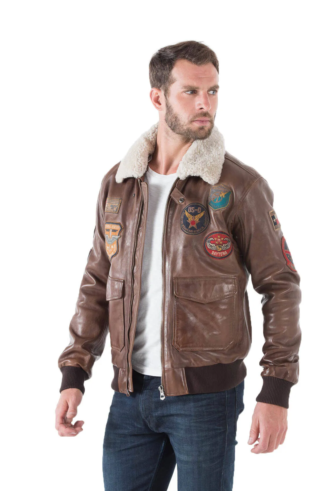 Leather jacket man dark brown aviator style 001577