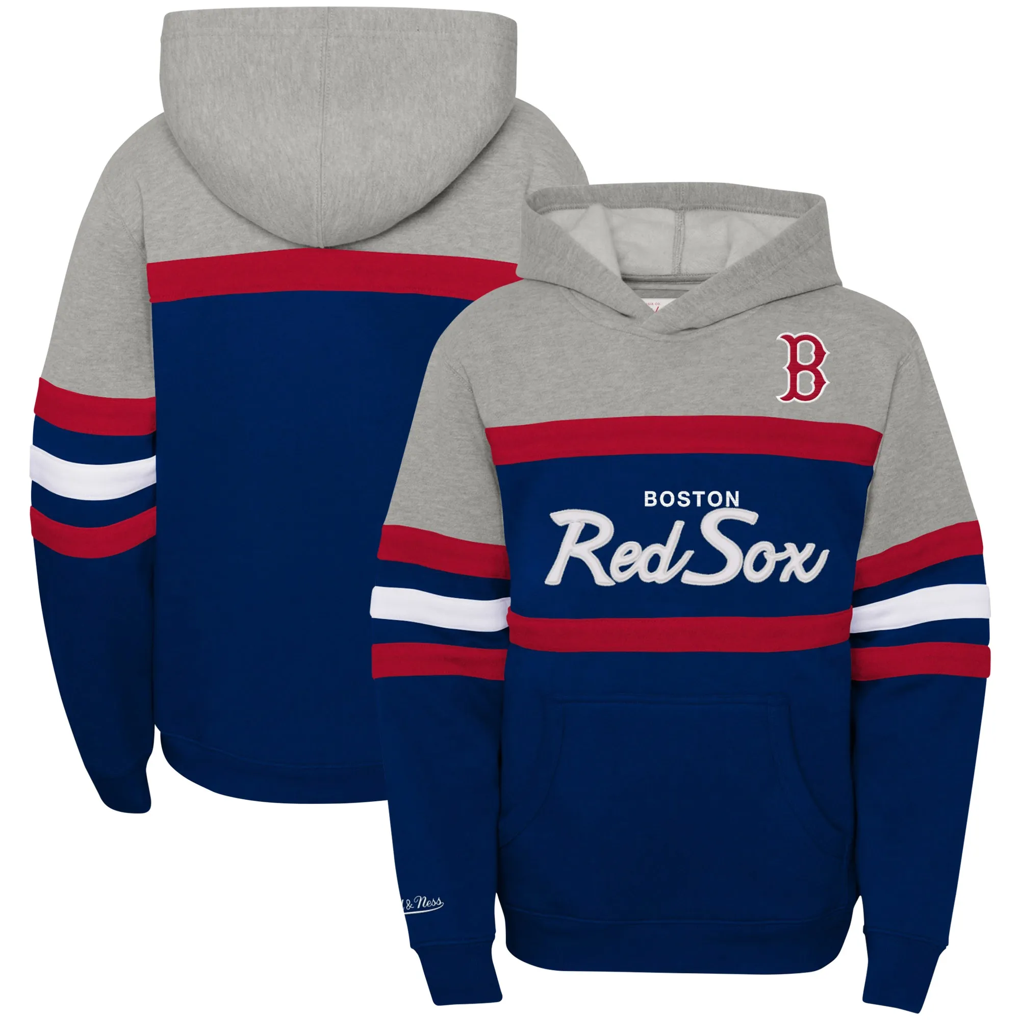 Lids Youth Mitchell & Ness Heather Gray/Navy Boston Red Sox Cooperstown Collection Head Coach Pullover Hoodie