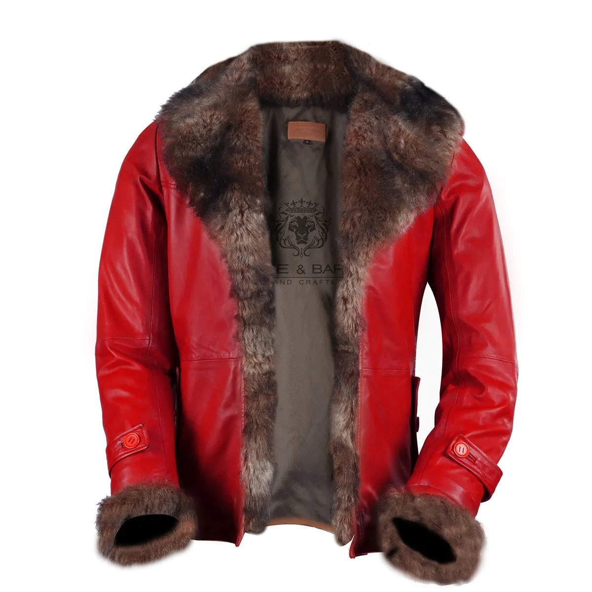 Light Weight Leather Long Red Jacket with Furr Collar & Sleeves By Brune & Bareskin