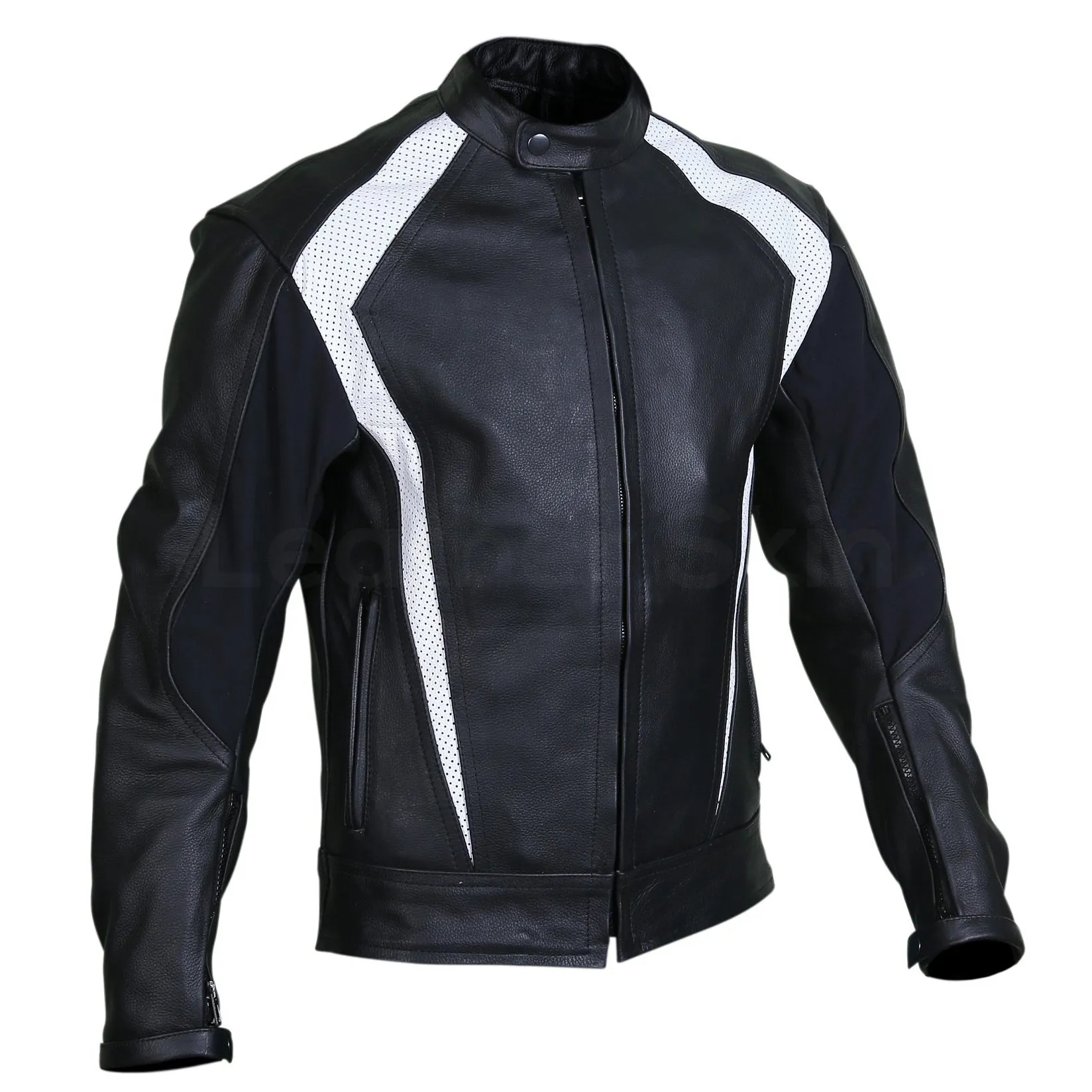 Men Black Biker Motorcycle Leather Jacket with White Perforated Stripe - Leather Skin Shop