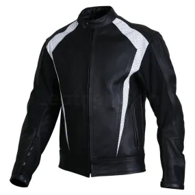 Men Black Biker Motorcycle Leather Jacket with White Perforated Stripe - Leather Skin Shop