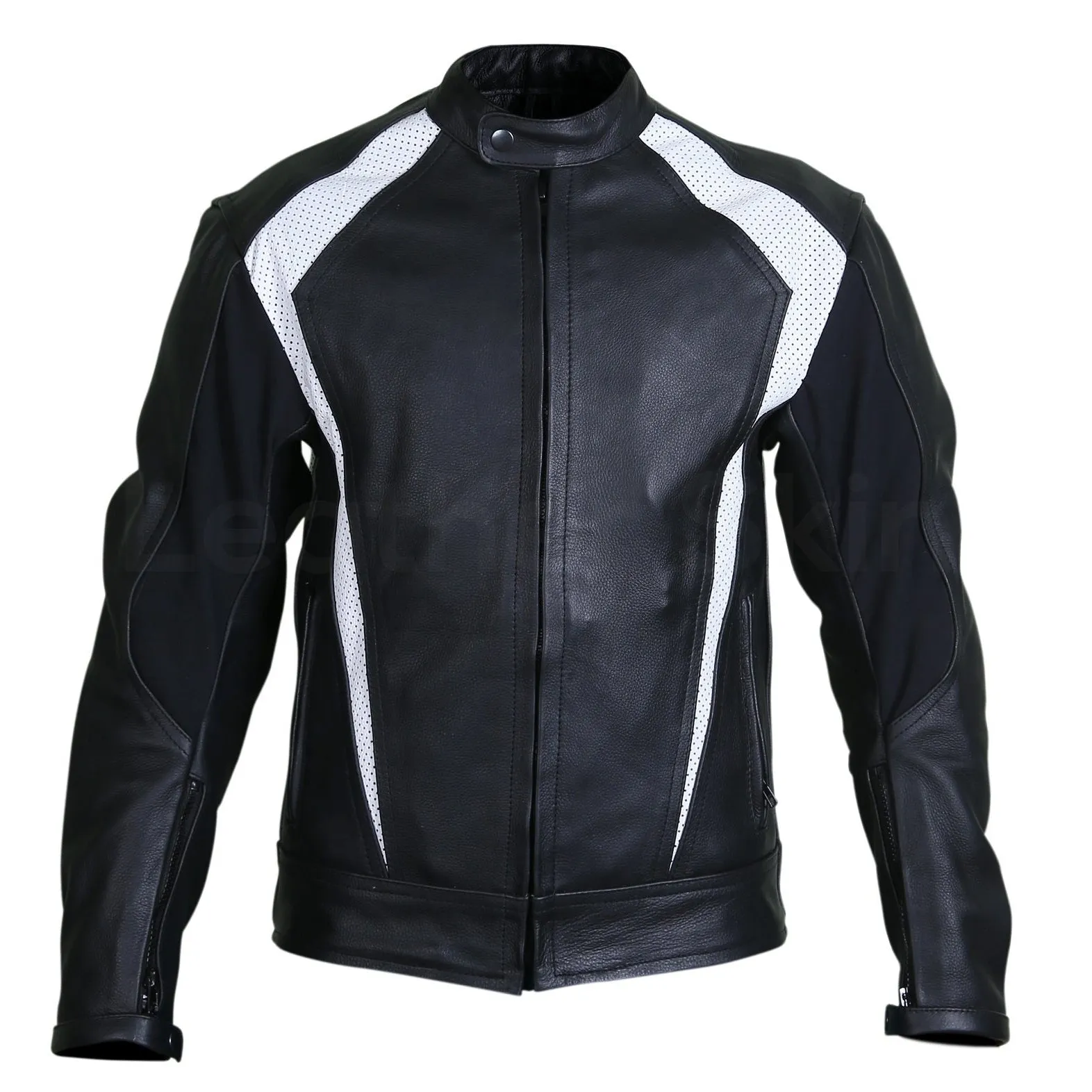 Men Black Biker Motorcycle Leather Jacket with White Perforated Stripe - Leather Skin Shop