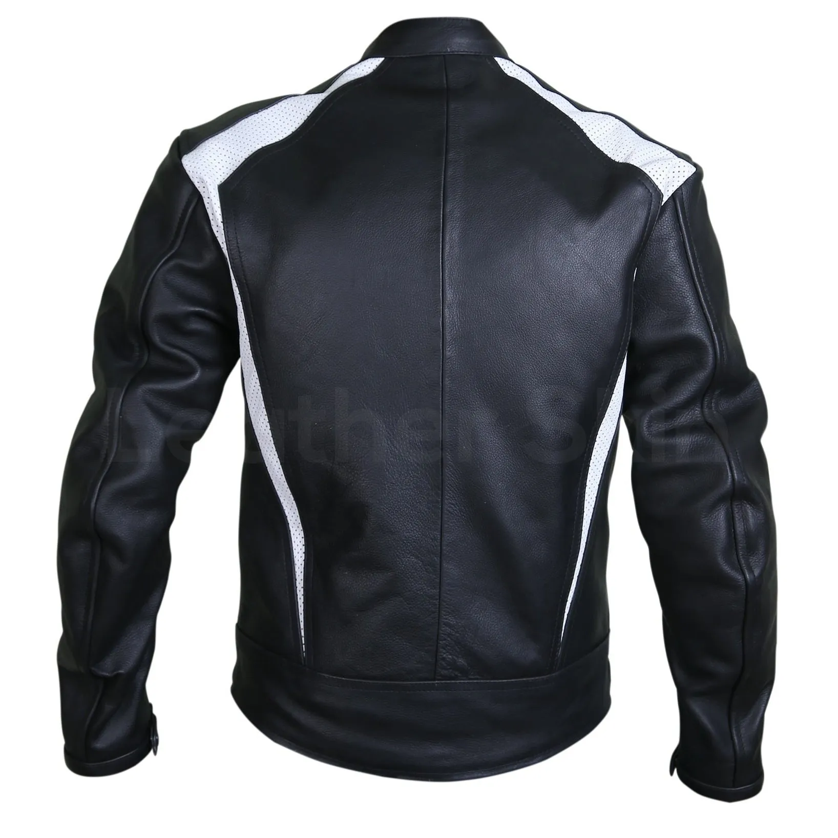 Men Black Biker Motorcycle Leather Jacket with White Perforated Stripe - Leather Skin Shop