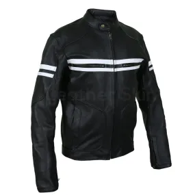 Men Black Vintage Biker Motorcycle Leather Jacket with White Stripes - Leather Skin Shop