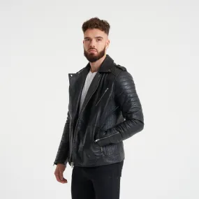 Men's Leather Biker Jacket with Quilted Ribbed Sleeves - Barneys Originals