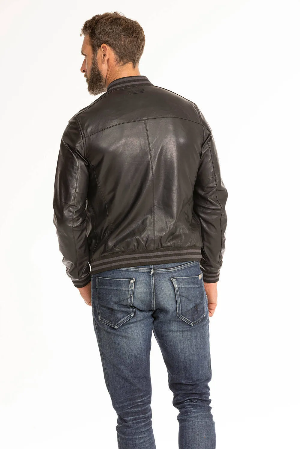 Men's black leather jacket in redskins dives teddy style