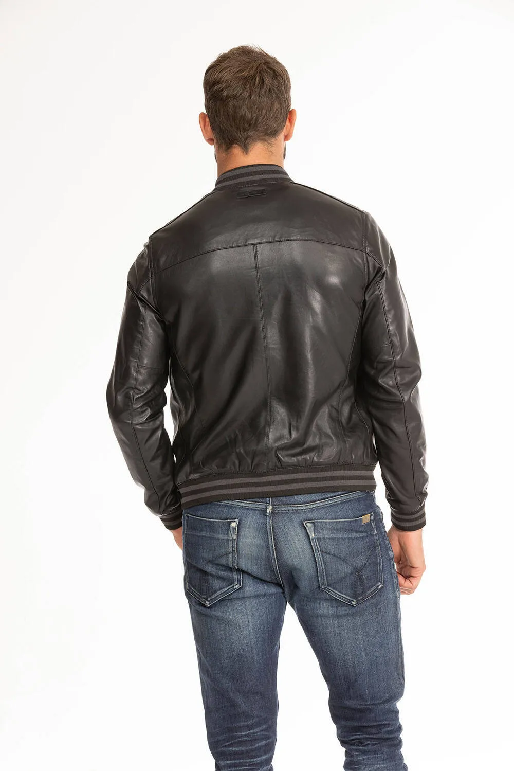 Men's black leather jacket in redskins dives teddy style