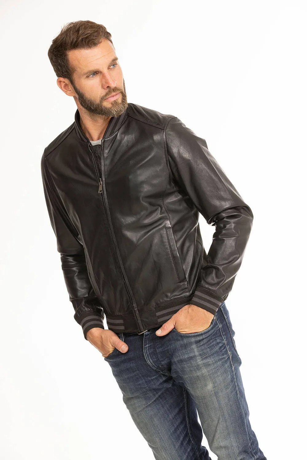 Men's black leather jacket in redskins dives teddy style