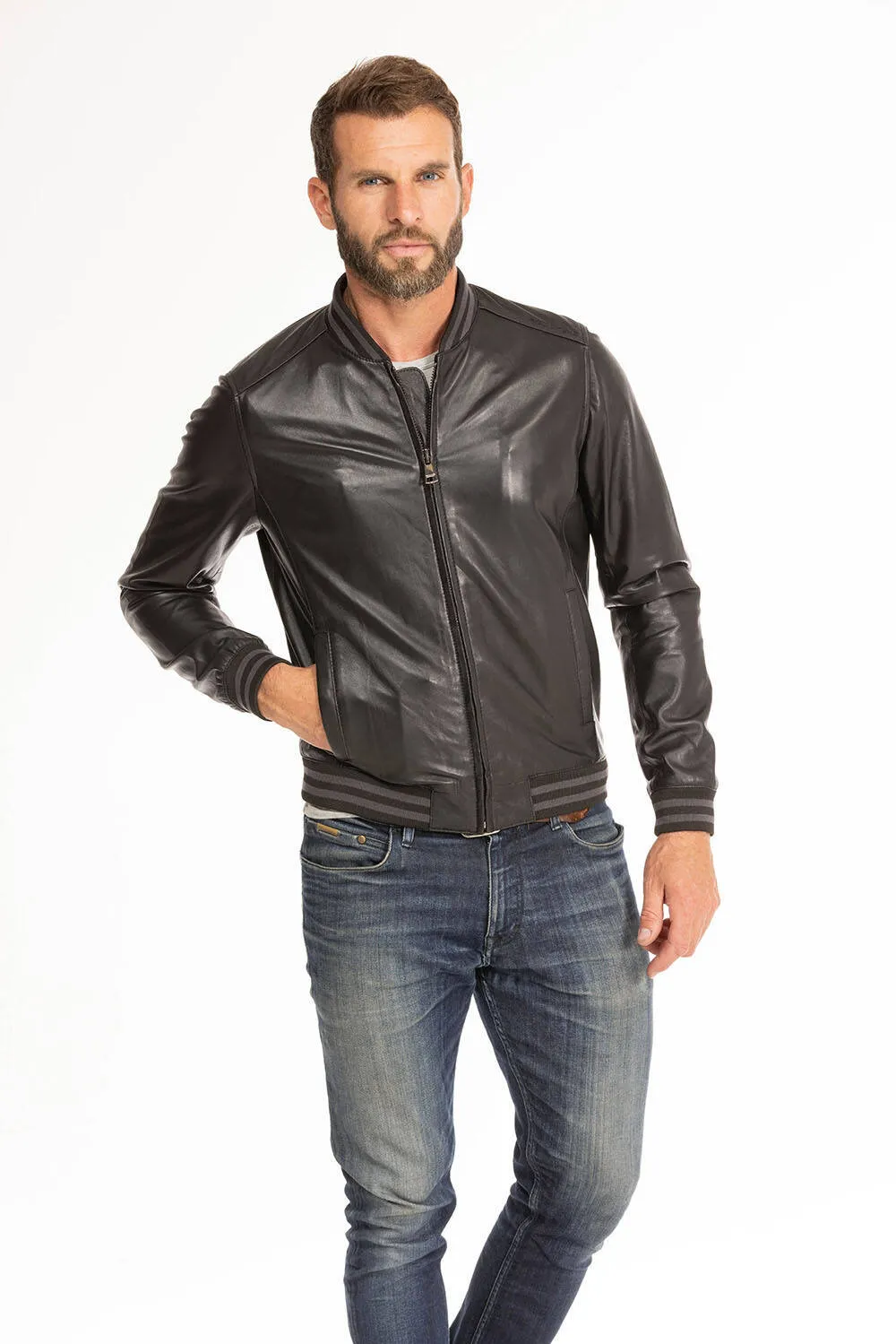 Men's black leather jacket in redskins dives teddy style