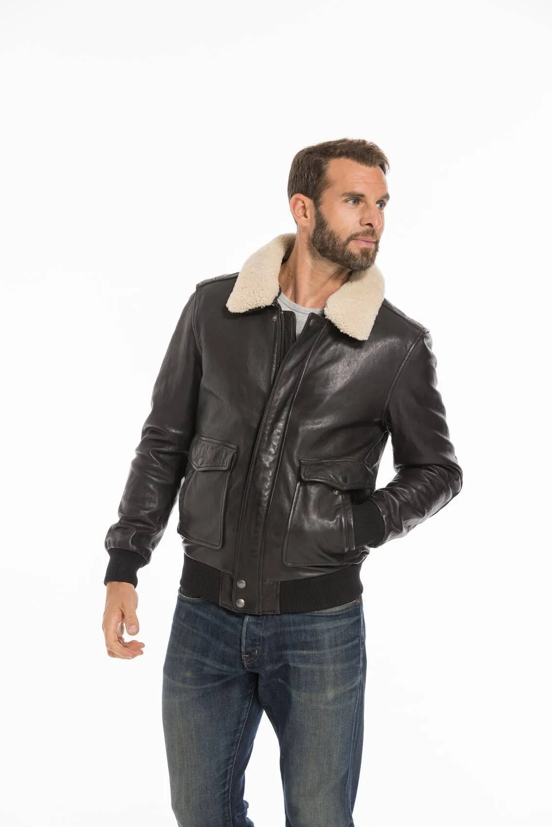 Men's black leather jacket pilot style 101339