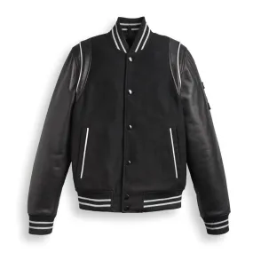 Men's Black Varsity Bomber Leather Jacket with Stripes